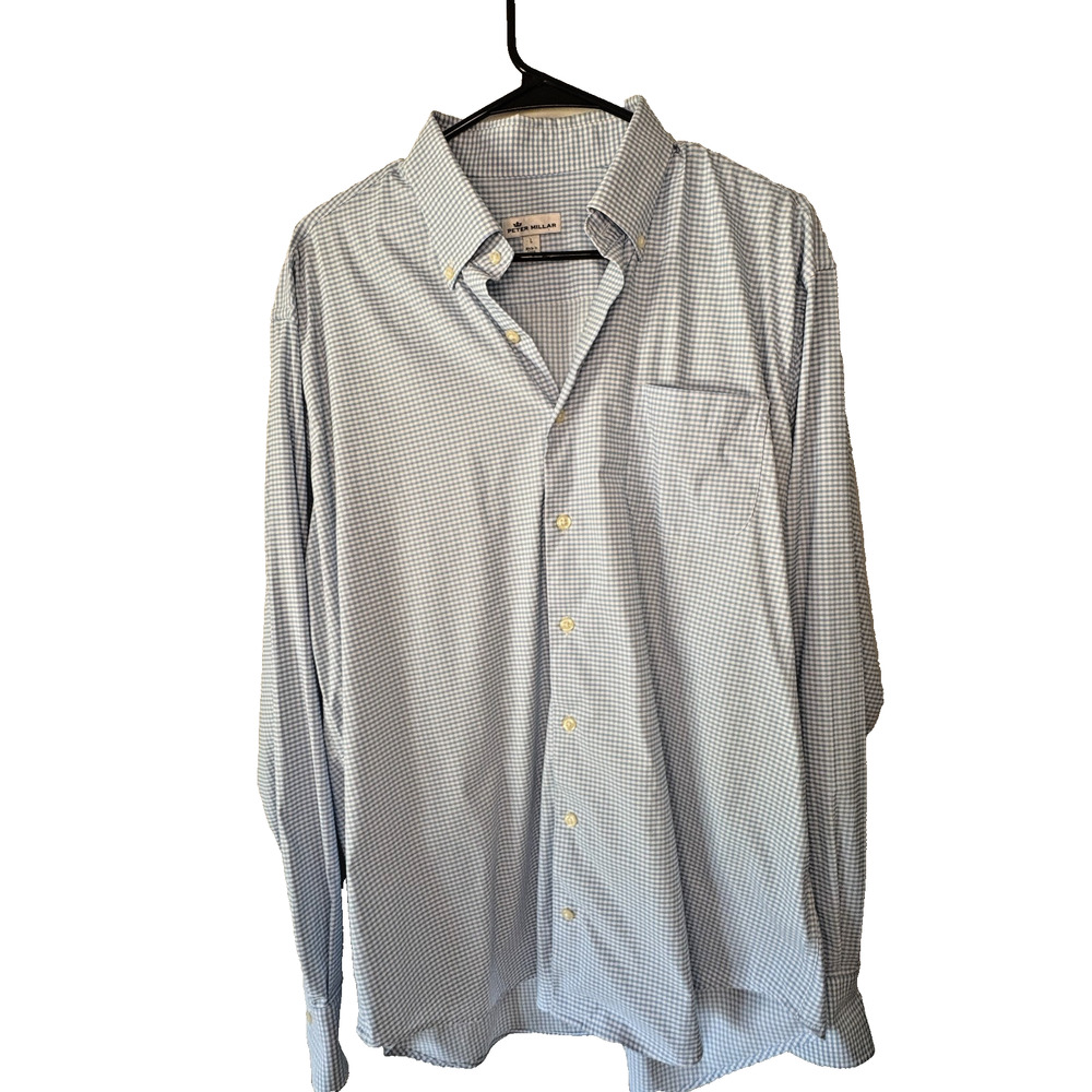 Peter Millar Mens Large Blue White Gingham Check Button Down Crown Shirt